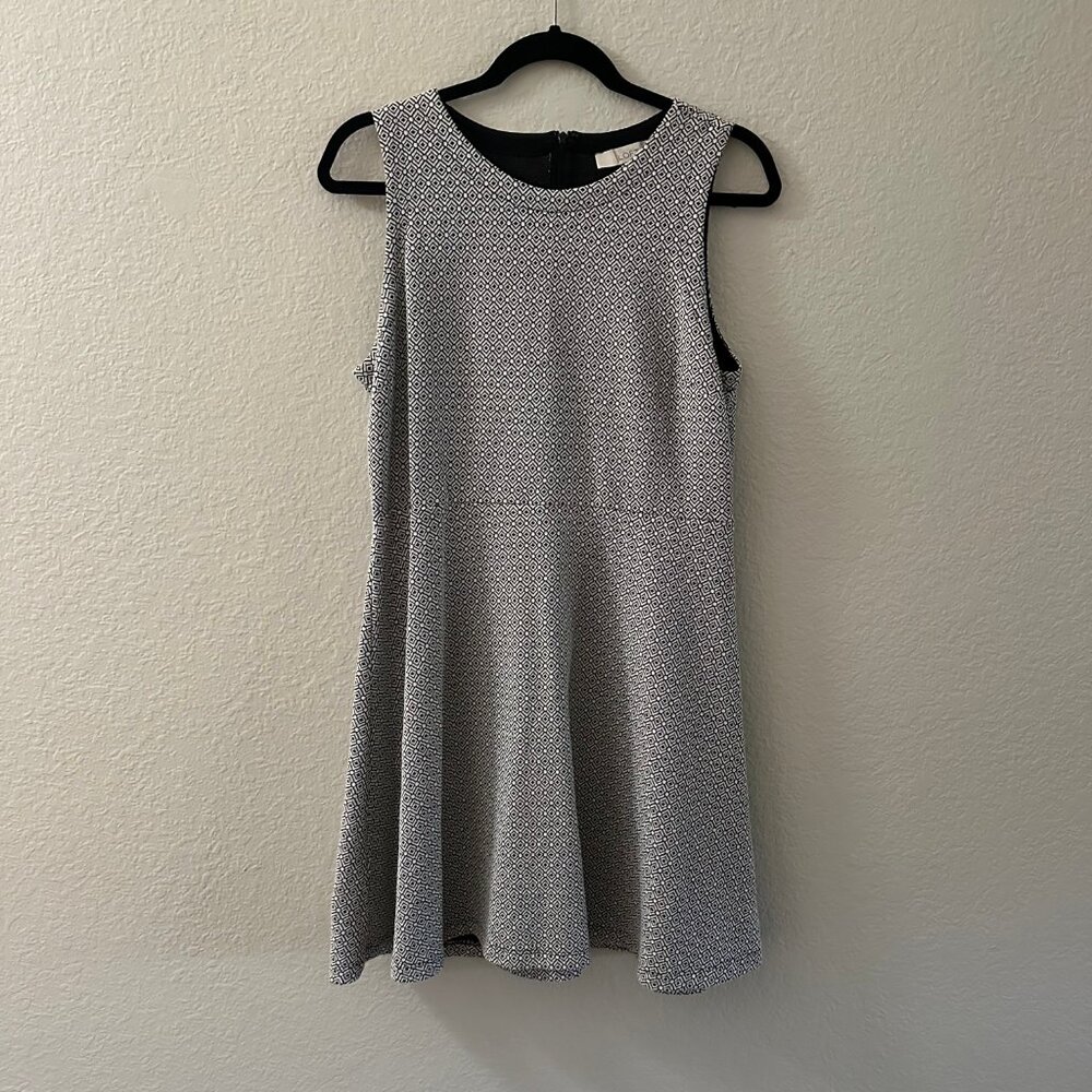 Ann Taylor Loft Black White Mod Geometric Fit Flare Dress 12 Petite